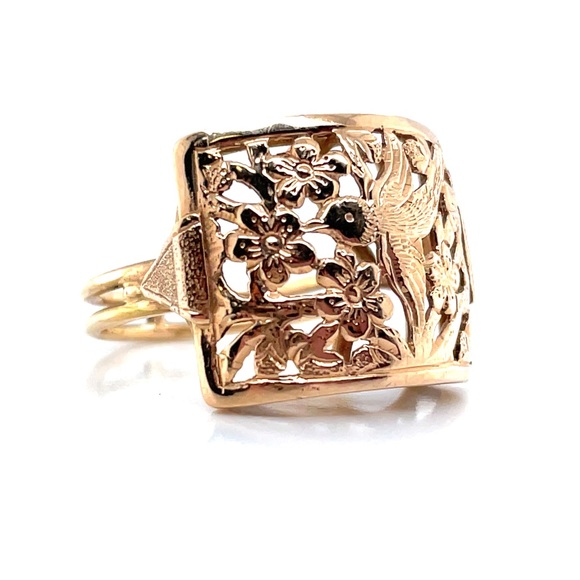 Ming’s Hawaii Bird on a Plum Blossom Tree Cutout 14K Square Ring - Picture 4 of 11